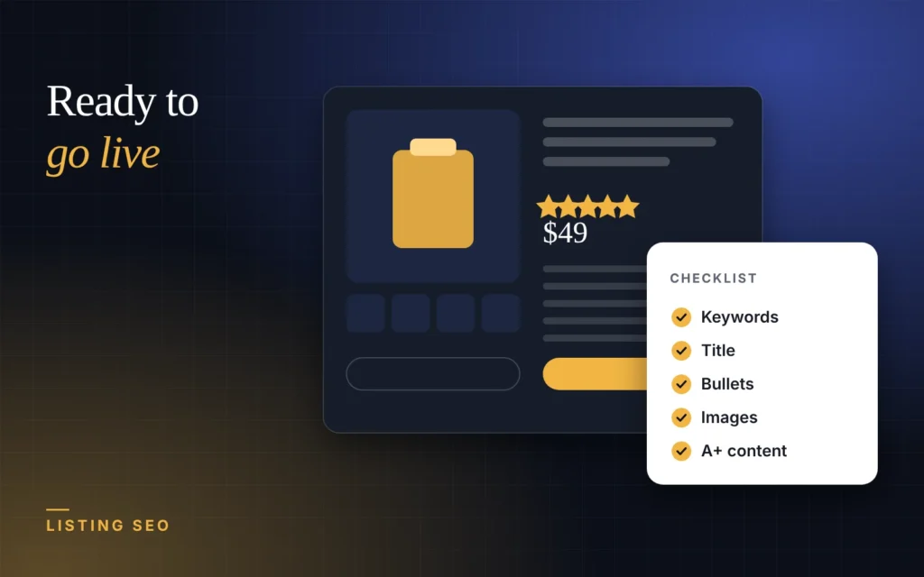 Illustration: an Amazon product listing with a launch checklist