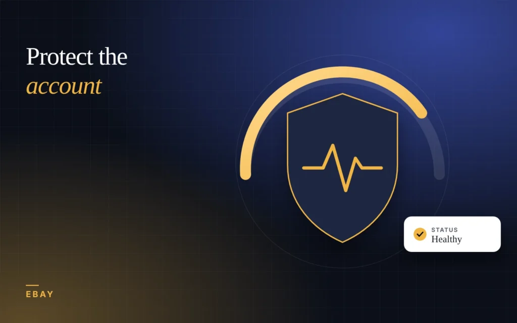 Illustration: a shield with a heartbeat line representing eBay account health