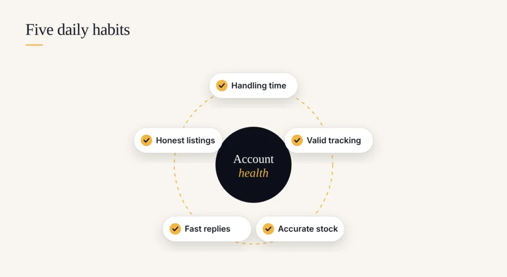 Five daily habits around account health: handling time, valid tracking, accurate stock, fast replies, honest listings
