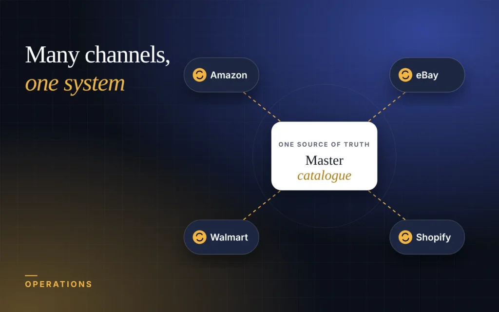 Illustration: a master catalogue syncing to Amazon, eBay, Walmart and Shopify
